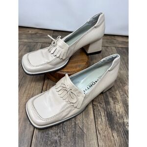 North Italy Cream Leather Kiltie Loafers Square Toe Block Heel Pumps Size 40